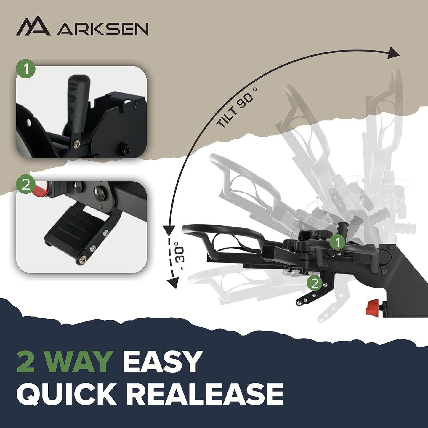 Arksen 2" Hitch Mounted Foldable Rack Quick Release Handle Smart Tilting 2-Bike Platform Style Carrier for Standard, Fat Tire, and Electric Bicycles -160 lbs Heavy Weight Capacity