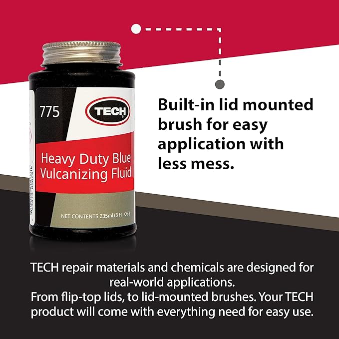 Heavy-Duty Blue Vulcanizing Fluid - Tire Repair Cement, Use with TECH Tire Stems and Patches, 8oz Bottle w/Brush Cap