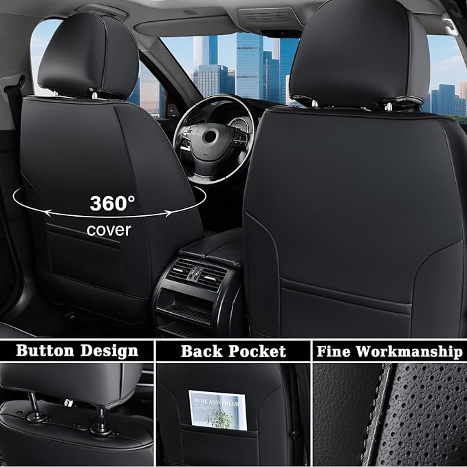 Coverado Car Seat Cover, Black Seat Cover for Cars, Luxury Leather Seat Covers Full Set with Embossed Pattern, Waterproof Car Seat Protector Car Seat Cushions Universal Fit Most Vehicle