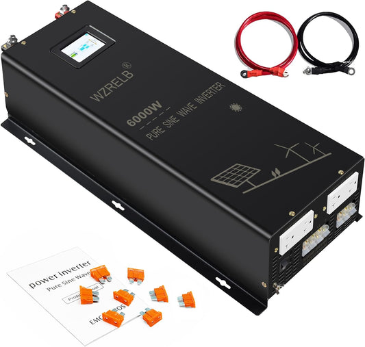 WZRELB 6000W Split Phase Pure Sine Wave Inverter, 48V DC to 120V/240V AC, 4 AC Outlets, Hardwire Terminal, High Efficiency up to 91.6%