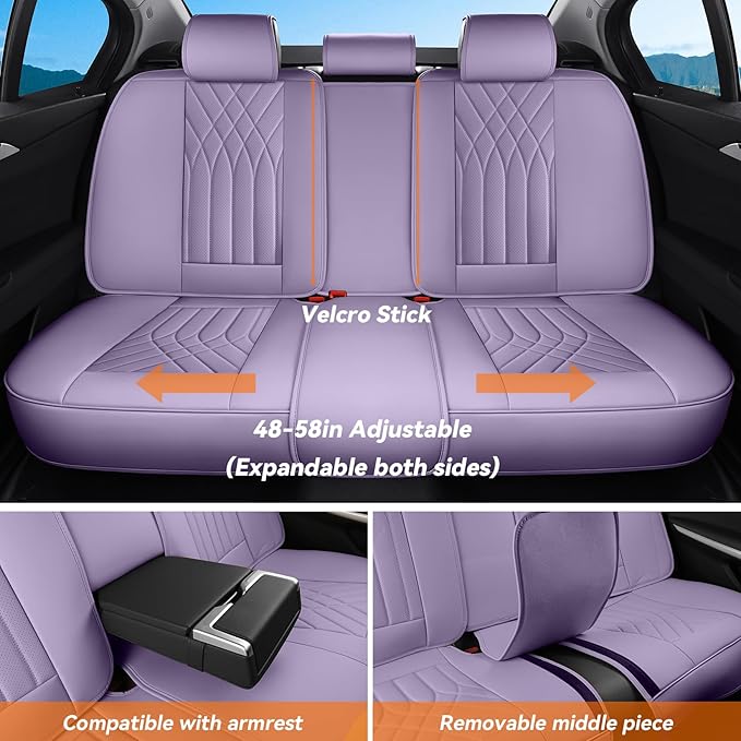 Purple Car Seat Covers Full Set, Luxury Leather Purple Seat Covers for Women, Full Coverage Waterproof Anti-Slip Car Seats Universal Fit for Most 5-Seater Cars SUVs