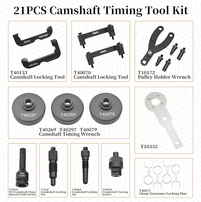 21PCS Camshaft Timing Tool Kit, Compatible with Audi VW EA837 2.0T 2.4 2.5 2.8 3.0T 3.2T 4.2 5.2 Engine, T40133 T40070 T40079 T40269 T40297 T10172 T3242 T40069 T40058 T40071 T10355 M14