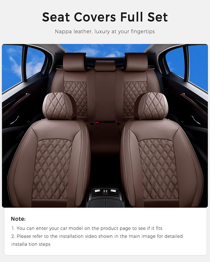 Huidasource Coffee Seat Cover, Nappa Leather Car Seat Cover, Velcro Adjustable, Compatible with Airbags, Armrests, Child Seat, Seat Belts, Fit for Most Cars, Vans, Trucks, SUVs (Full Set/Coffee)