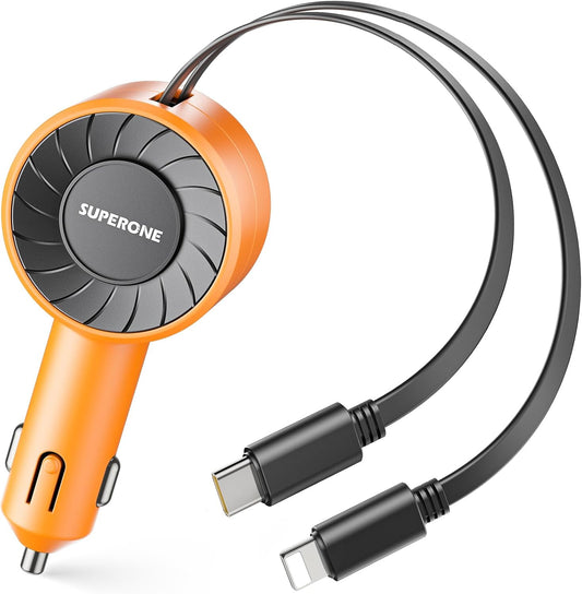 SUPERONE 3-in-1 Car Charger with Retractable Cords, USB C Charger Car Adapter Compatible with iPhone 16/15/14/13/12/11 Pro Max Samsung Android Phones