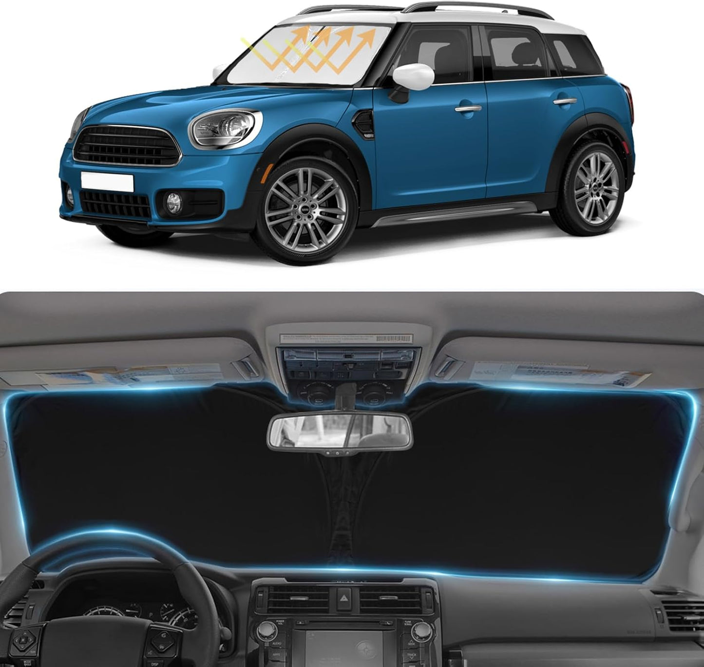 Sun Shade for 2017-2024 2025 Mini Countryman Cooper F60 SUV Windshield Sunshade Accessories 2-Layer Car Sun Shield Sun Visor Window Shade Blocks UV Rays Car Accessories