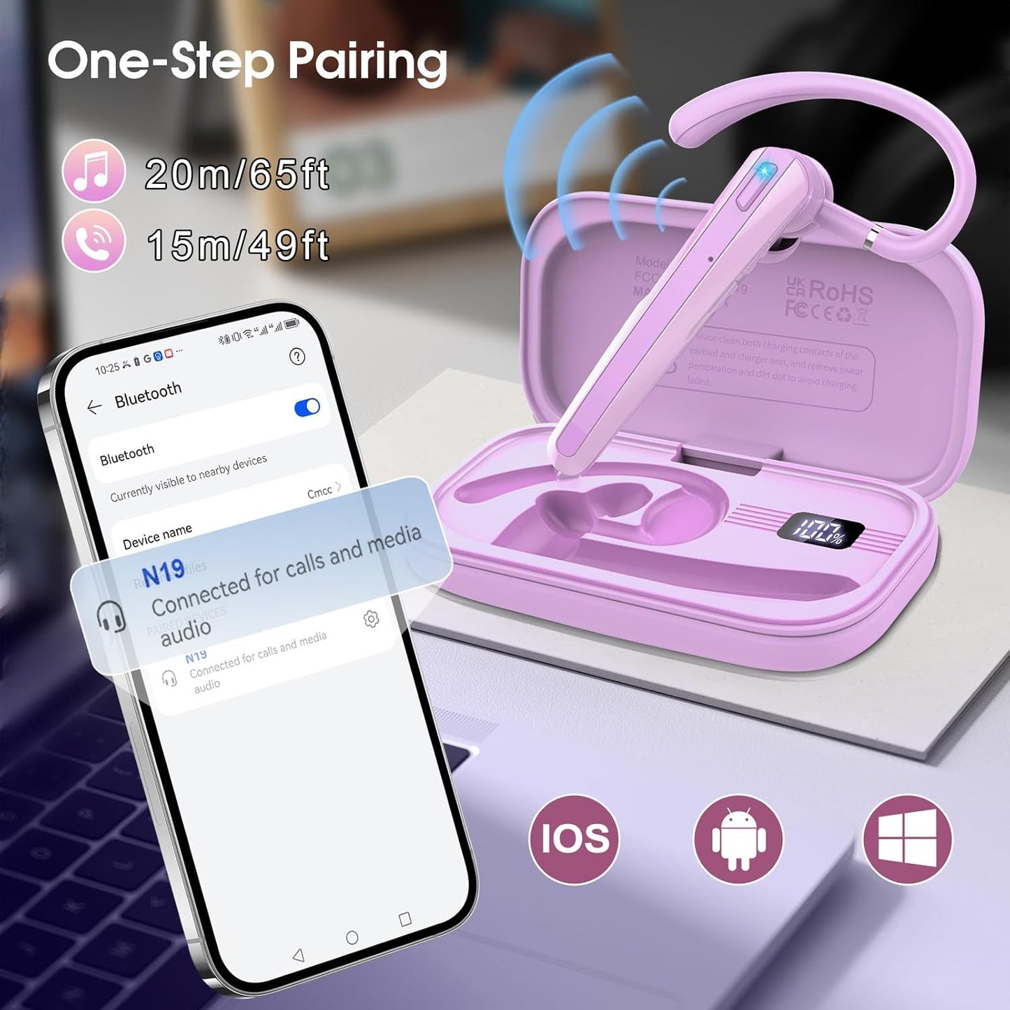 Bluetooth Headset V5.3, Wireless Earpiece with Dual ENC Noise Canceling Mic, 120H Hand-Free Talk Single-Ear Bluetooth Earpiece with LED Display, IP7 Waterproof Headphones for Trucker/Business, Purple