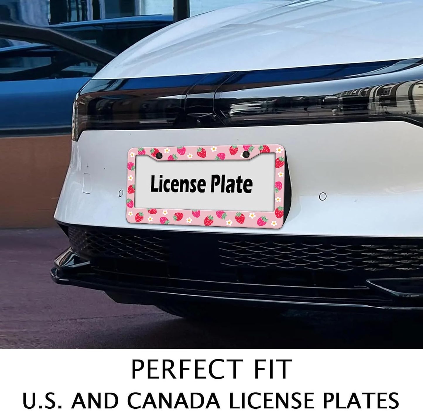 Cute Strawberry Printed License Plate Frame, Strawberry and Flowers Frames Holder Covers, Metal Aluminum Rustproof Car Accessories for Us Canada Standard Women Men 2 Holes with Screw Caps