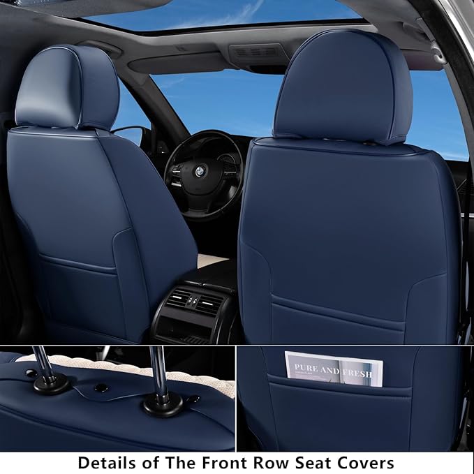 Coverado Seat Covers Full Set, Car Seat Covers Waterproof, Luxury Leather Seat Cover for Cars, Front Seats and Back Seat Cover, Car Seat Cushion, Car Seat Protector Universal Fit Most Cars,Blue&White