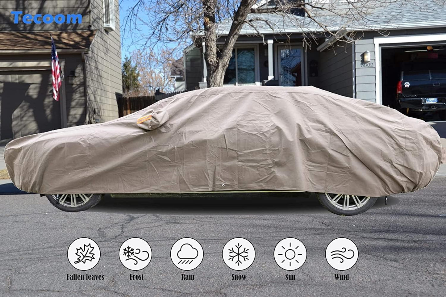 Tecoom Thick Shell Car Cover Super Breathable-Waterproof Windproof Snow Sun Rain UV Protective Outdoor All Weather Fit 170-190 Inches Length Sedan