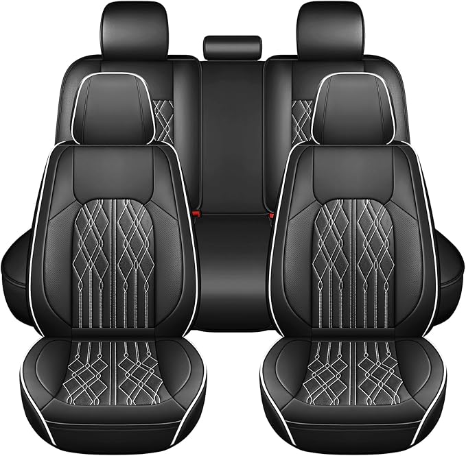Huidasource Leather Seat Covers Full Set, Waterproof Breathable Car Seat Cover for Sedan SUV Pickup Truck, Universal Fit for BMW for Buick for Subaru for Lexus for Volvo (Full Set/Black&White)