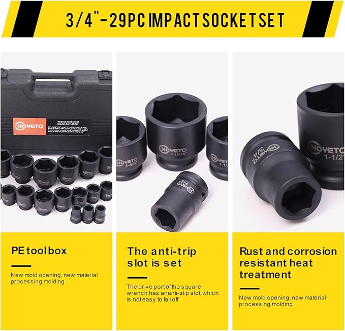 29-Piece 3/4" Drive Impact Socket Set, SAE 3/4" to 2-1/2", 6-Point Design, Rugged Construction, with Heavy-Duty Storage Case – Ideal for Auto Repair & Household Use