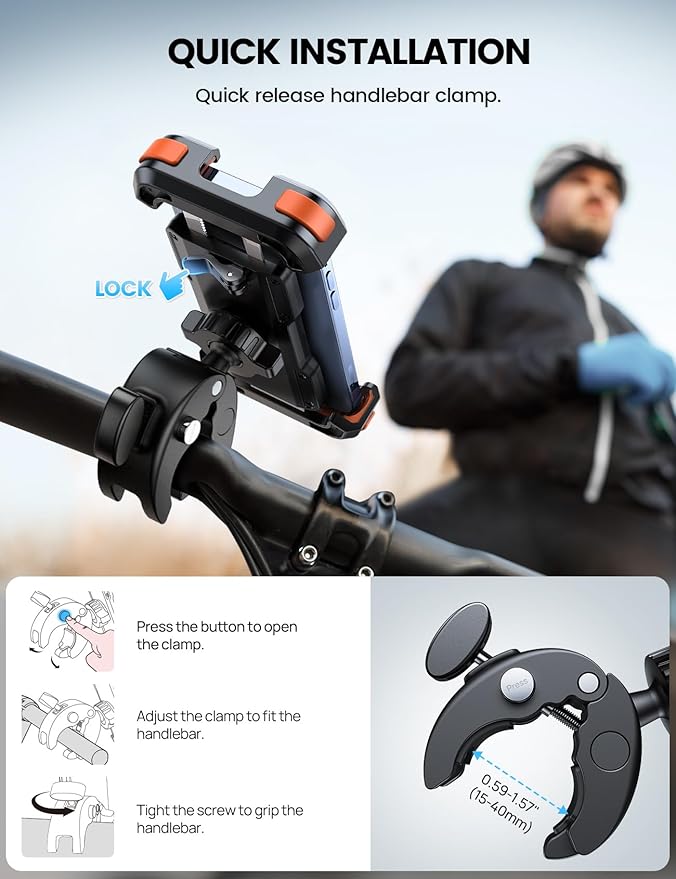 Lamicall Motorcycle Phone Mount, Bike Phone Holder - Upgrade Quick Install Handlebar Clip for Bicycle Scooter, Cell Phone Clamp for iPhone Air, 17 16 15 Pro Max, Galaxy, 4.7-6.8" Phones, Orange