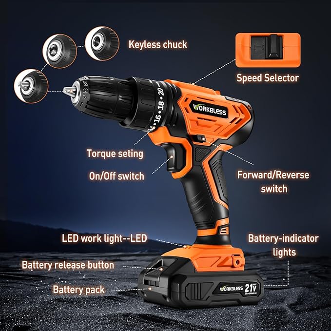 WORKBLESS Cordless Drill, Power Drill Set with 1 Battery and Charger, 40Nm, 20+1 Torque, 2 Speed, Keyless 3/8" Electric Screwdriver with LED Light, 28pcs Drill Bits Set(Orange)