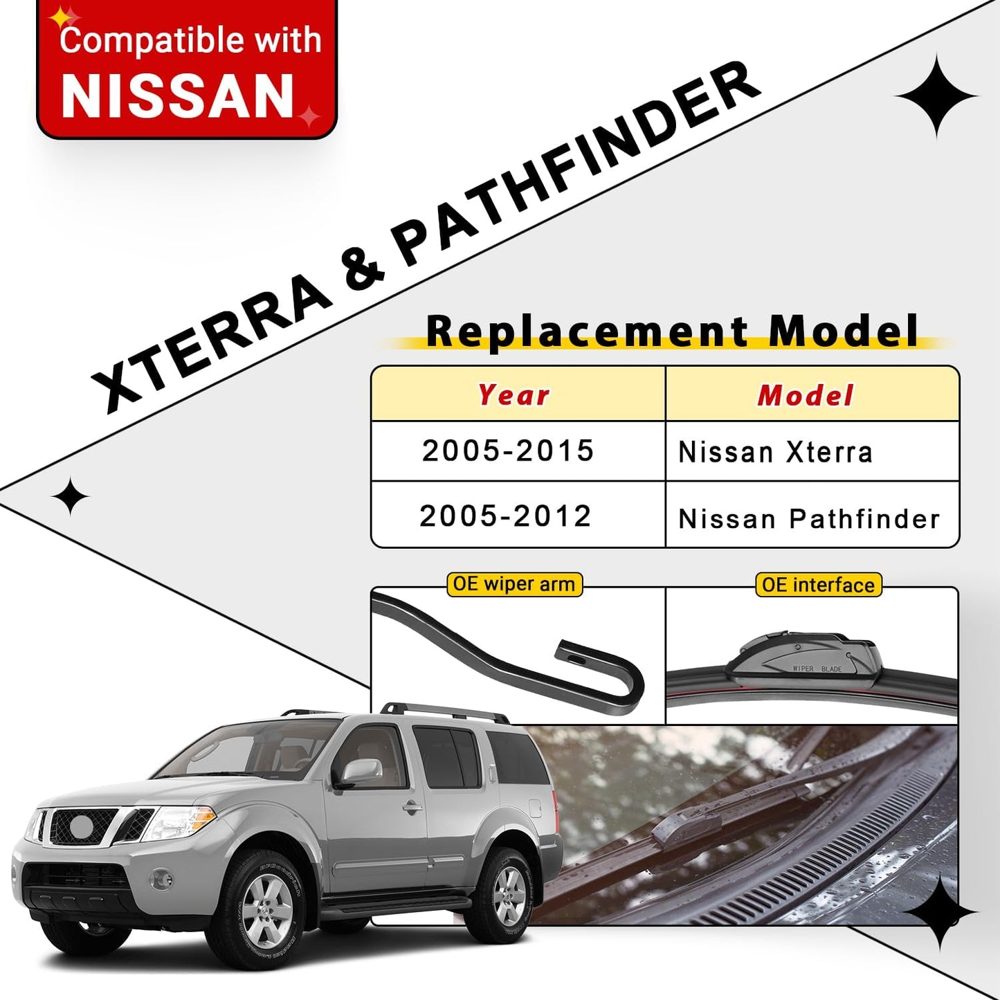 Windshield Wiper Blades Replacement for 2005-2015 Nissan Xterra / 2005-2012 Nissan Pathfinder Original Factory Quality Front Rear Wipers Blade Set for My Car - 24" 18" 12" (Pack of 3)