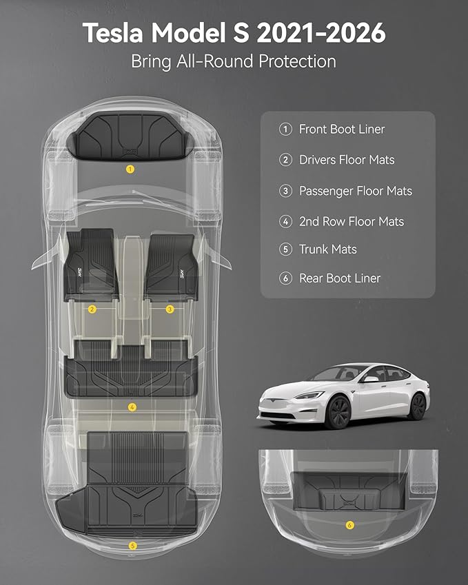 3W Floor Mats & Cargo Liner Fit for Tesla Model S 2021-2025 2026 All Weather TPE Custom Fit Floor Liners for 1-3 Rows and Trunk Full Set Car Mats Black