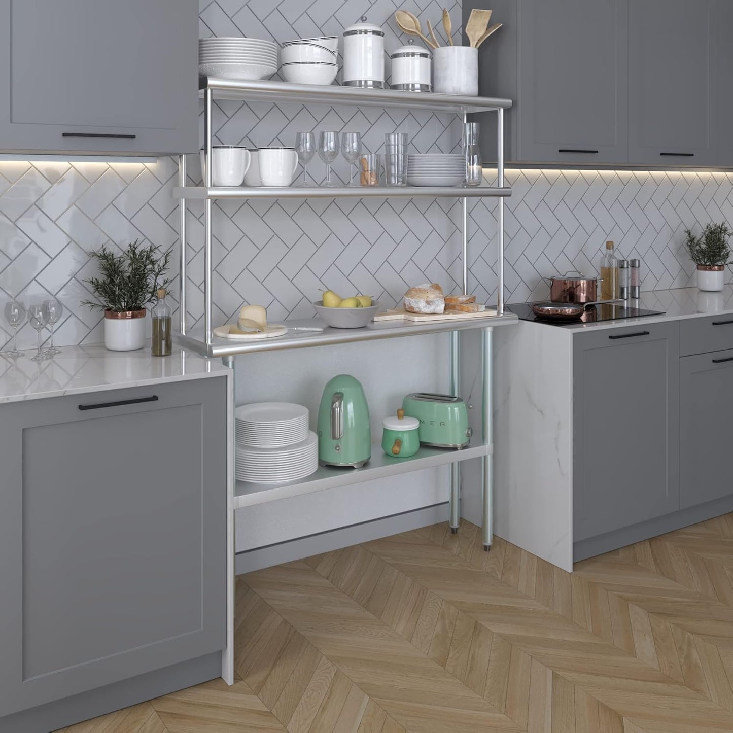 Amgood Stainless Steel Work Table Double Tier Overshelf | NSF 14" x 48" Work Table + 12" Overshelf