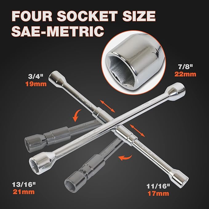 Folding Lug Wrench 4 Way,14-Inch SAE + Metric Tire Cross Wrench Universal and Foldable Wheel Wrench for Car,Trucks…