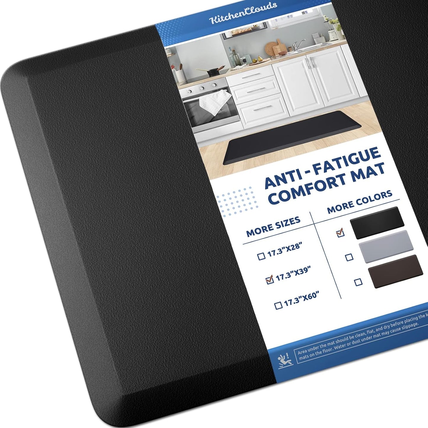 KitchenClouds Cushioned Anti Fatigue Kitchen Rug, 17.3"x39", Waterproof Non Slip, Standing Desk Mat, Comfort Floor Mat for Kitchen, House Sink, Office (Black)