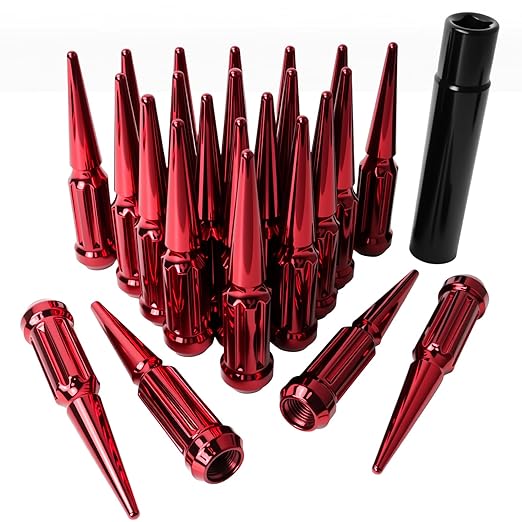 9/16-18 Spiked Lug Nuts, 3/4" Hex Closed End Nut with 1 Socket Key, Wheel Spiked Lug Nuts for Dodge Ram 1500 2500 3500, Ford F250 F350, Fit for Aftermarket Wheel (24Pcs,Red)
