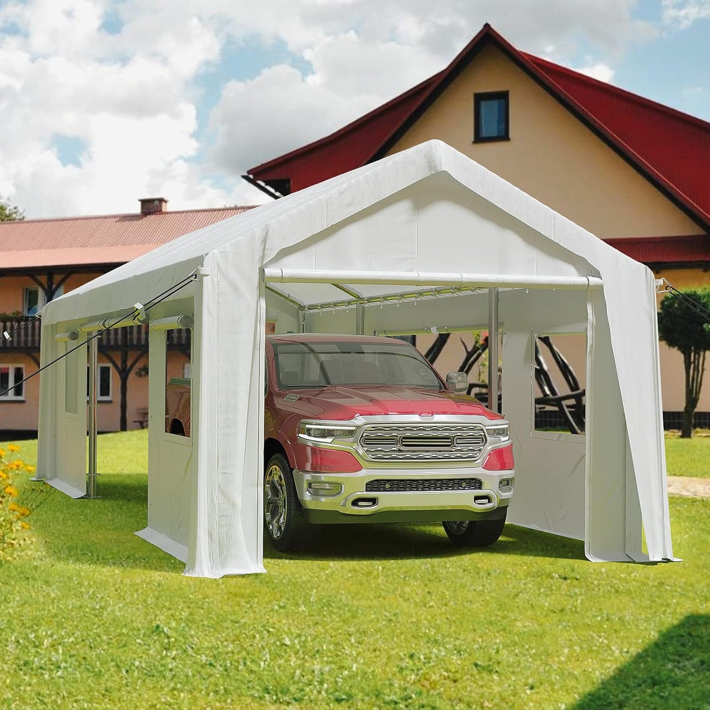 12x20ft Heavy Duty Carport Outdoor Canopy Portable Garage with 4 Doors & 4 Windows Waterproof UV Resistant Storage Shelter with Removable Sidewalls for Car Truck Boat, White