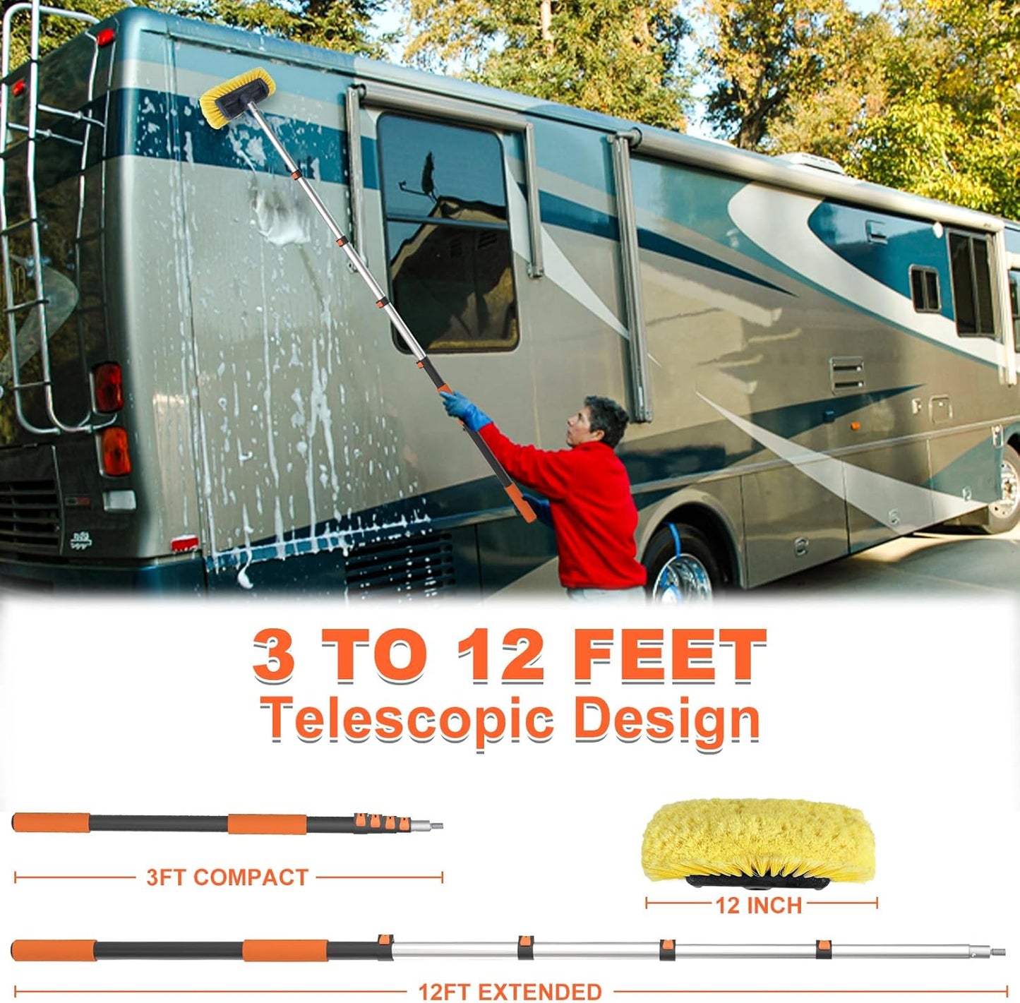 Buyplus 12FT Car Wash Brush with Long Handle, 12-Inch Soft Bristle, with Aluminium Telescoping Pole, for Cleaning Car, SUV, RV, Boats, House Siding, Floors, Solar Panels, and More