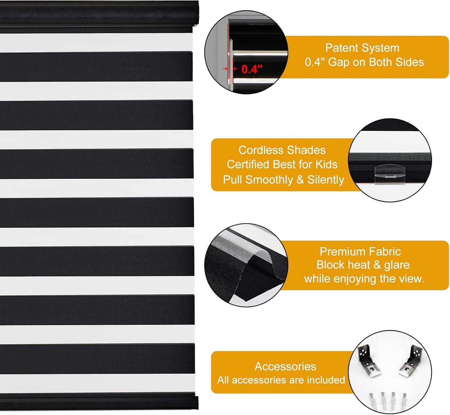 Persilux Cordless Zebra Roller Window Shades Free-Stop Roller Blinds (32" W X 72" H, Black) Light Control for Day and Night, Light Filtering Sheer Roller Shades for Windows, Easy to Install