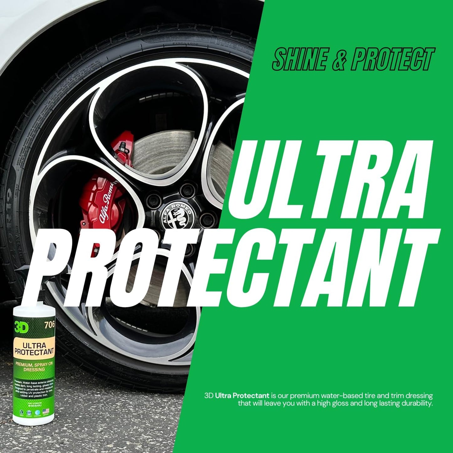 3D Ultra Protectant Tire Shine Spray – Water-Based High Gloss Tire Dressing | Long Lasting UV Protection for Rubber & Vinyl | No Sling | Made in USA |16 oz
