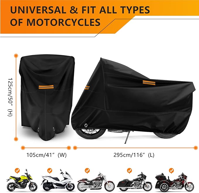 Motorcycle Cover Waterproof Outdoor Storage All Season Universal Weather Rain Snow Sun Winter Durable with Lockhole Night Reflective Black Oxford 116" Extra Large Heavy Duty Touring Protection