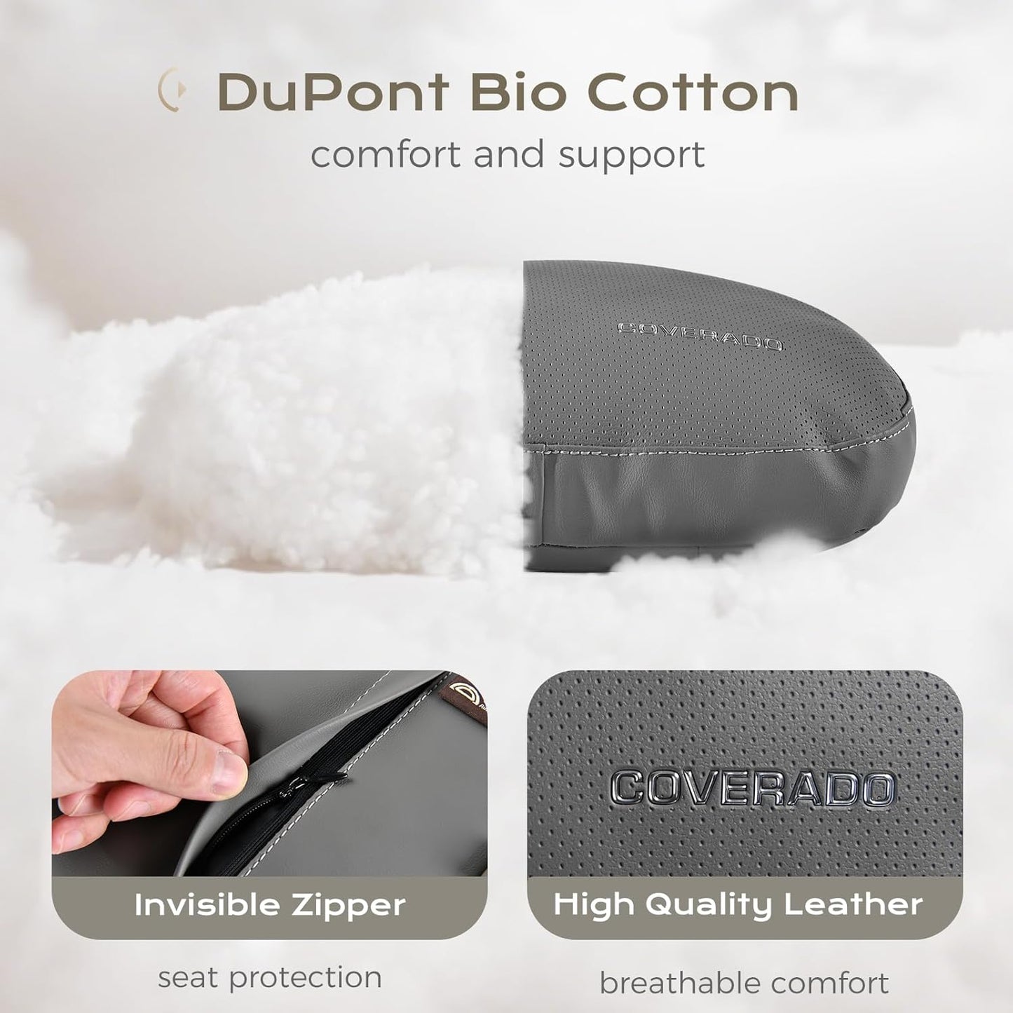 Coverado Leather Car Headrest Pillow Car Neck Pillow with Adjustable Strap, Head Support Rest Driver Relax Head Muscles Relieve Driving Fatigue, Breathable & Removable Cover, Gray