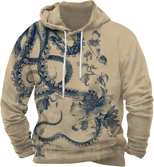 Mens Animal Print Graphic Hoodies Casual Long Sleeve Japanese Art Style Hooded Sweatshirt Lightweight Pullover Tops