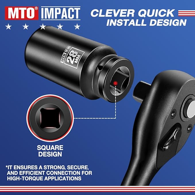 MTO 1/2" Drive 28mm Deep Impact Socket, 6 Pt. Metric Socket, CR-MO Steel & Anti-Corrosion Coating for Heavy-Duty Use