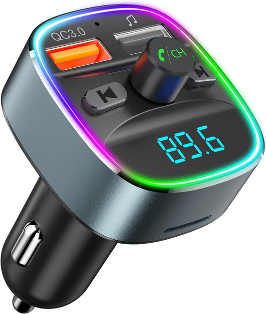 Nulaxy Bluetooth FM Transmitter for Car,Bluetooth Car Adapter with Dual USB Charging Car Charger MP3 Player Support TF Card & USB Disk,Hands-Free Calling,7 Colors Led Backlit Light-Gray