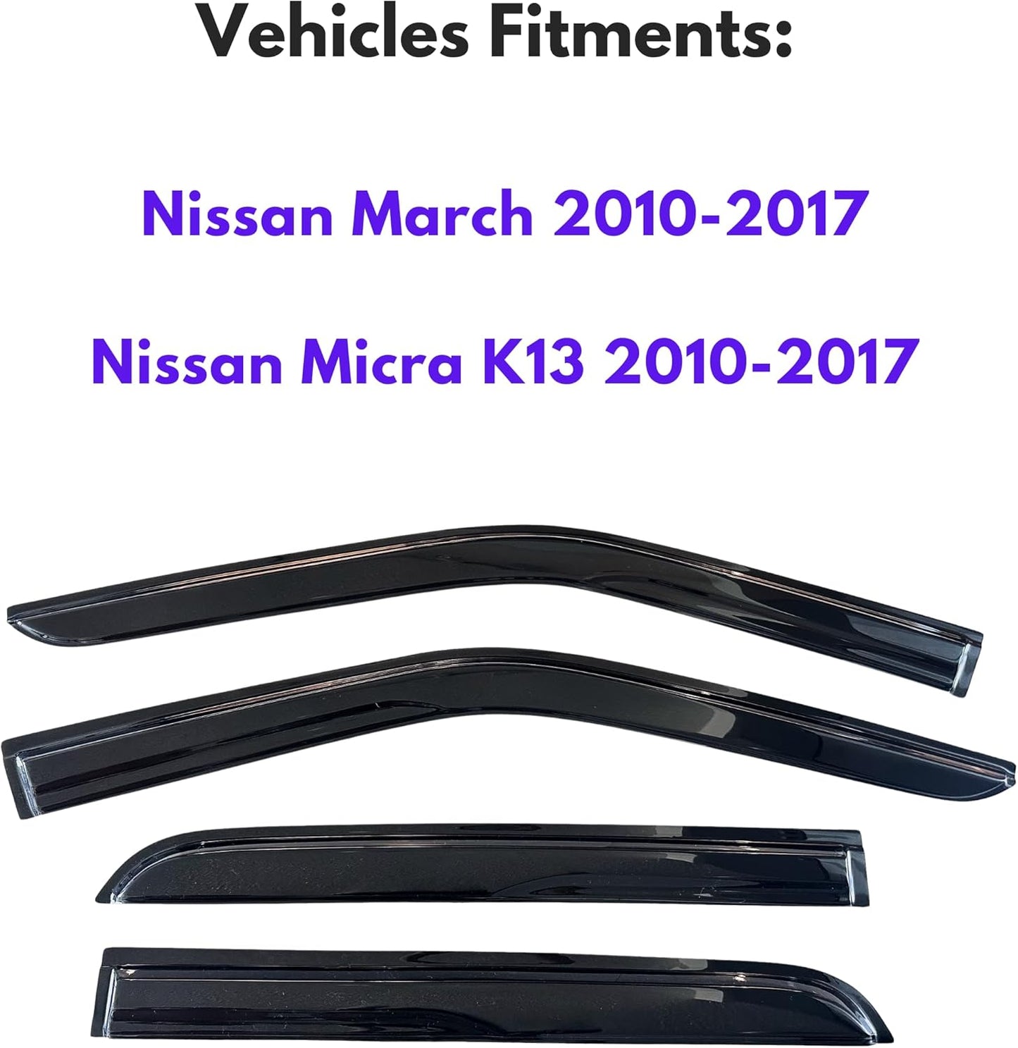 KPY Window Visor Compatible with Nissan March 2010-2017, Nissan Micra K13 2010-2017, 4PC Rain Guard Side Window Vent Deflectors Tape-On Mugen Style, 2010 2011 2012 2013 2014 2015 2016 2017