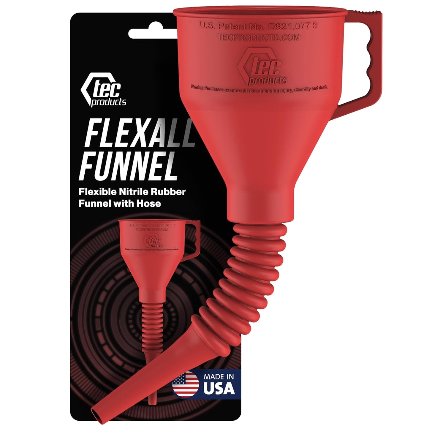 FlexAll Long Flexible Funnel for Automotive Use - Durable Nitrile Rubber - Ideal for Car Oil Change, Transmission Funnel Fluid, Diesel, Fuel, Gas - Made in USA - Red (16 x 5 Inches)