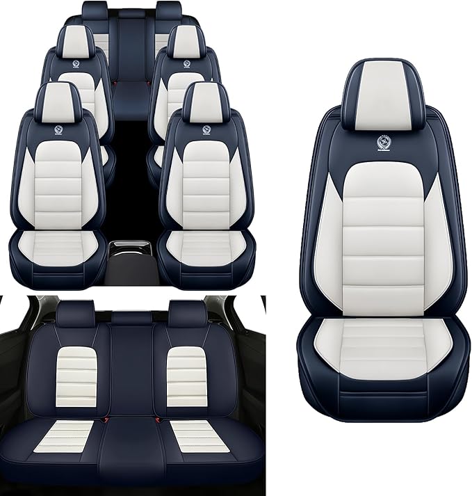 Car Seat Covers Fit for Toyota Highlander 2000-2025 | 7 Seat Car Seat Cover | No-Slip Waterproof Breathable Faux Leather Automotive Seat Covers Auto Interior Covers Blue White,Full Set