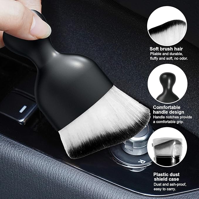 Alupee Car Detailing Brush, Curved Soft Bristles Auto Removal Dust Collectors, Universal Vehicle Dashboard, Air Conditioner Vents etc RV Interior Cleaning Tool Accessories (Black-Black/White)