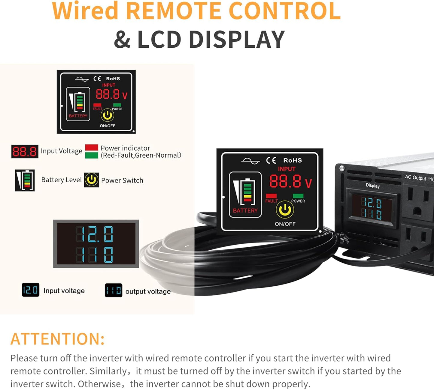 2000 Watt Pure Sine Wave Power Inverter DC 12V to 110V/120V AC Converter with 2 AC,18W USB, and 30W Type-C Charging Ports, Car Solar Power Inverters with LCD Display for Home RV Truck