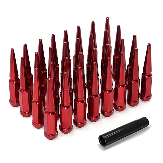 9/16"-18 Red Wheel Spike Lug Nuts, 32 PCS Lug Nut Accessories with 1 Socket Key, Thread Spiked 4.4" Long Closed End Nuts Compatible with F250 F350, Ram 1500 2500