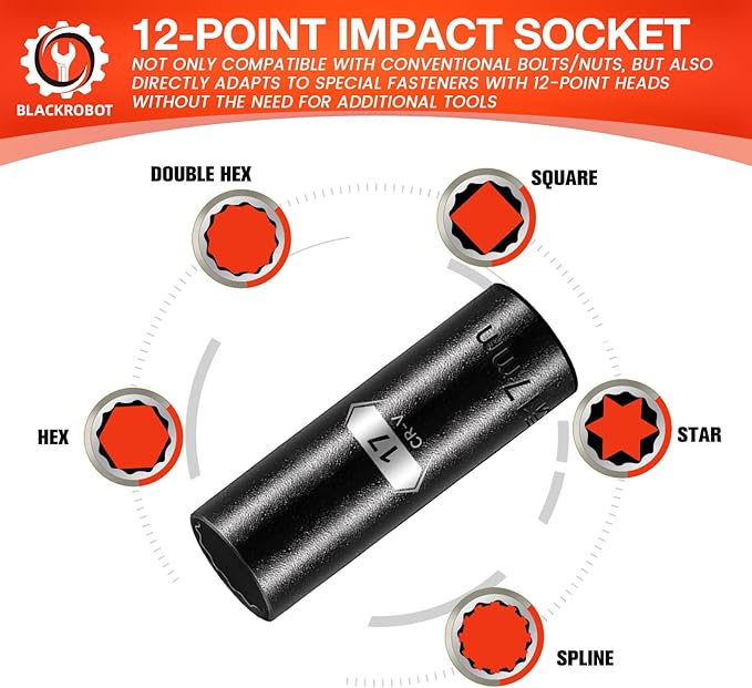 BLACKROBOT 17 mm 12-Point Deep Impact Socket, 1/2 Inch Drive, Metric, Cr-V Steel With Black Manganese Phosphate Coating