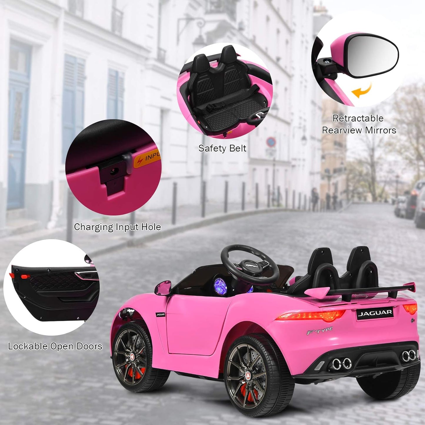 Costzon Ride on Car, 12V Licensed Jaguar F-Type SVR Battery Powered Kids' Electric Vehicles w/Remote Control, Front/Rear Lights, MP3/Music/3 Speeds/Spring Suspension, Kids Car Toy for Toddler (Pink)