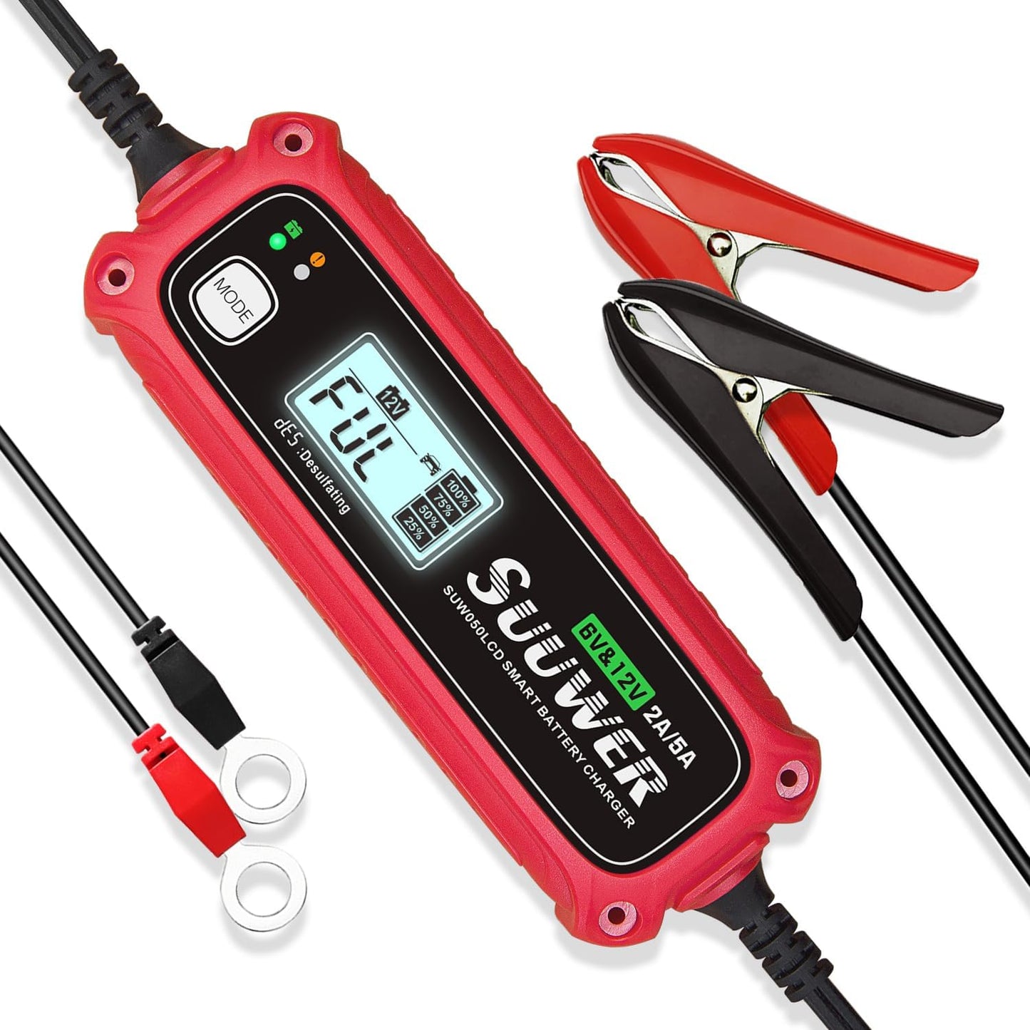 5-Amp High-Efficiency 6V&12V Smart Car Battery Charger, Battery Maintainer, Trickle Charger, Float Charger and Desulfator for Car, Motorcycle, ATV, Lithium (LiFePO4) and Deep Cycle Batteries