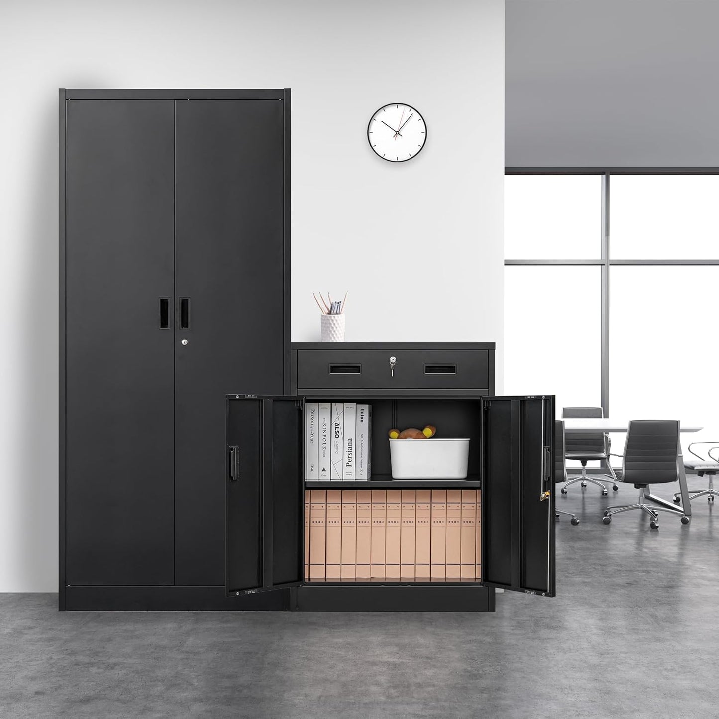 Metal Storage Cabinet, Locking Cabinet with One Drawer and Adjustable Shelf, 36.2" H x 28" W x 16" D Steel Storage Cabinet for Office, Garage, Home-Black