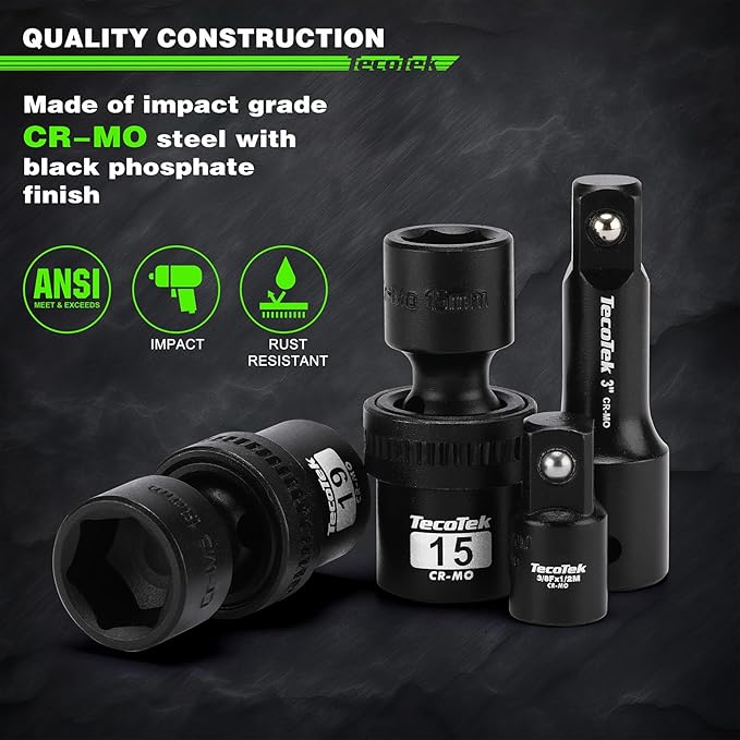 19 PCS 1/2" Drive Shallow Universal Impact Socket Set, Swivel Socket Set, Metric Socket Set with Flexible Wobble, 10-24mm, Cr-Mo Steel, Includes Extension Bars and Adapter