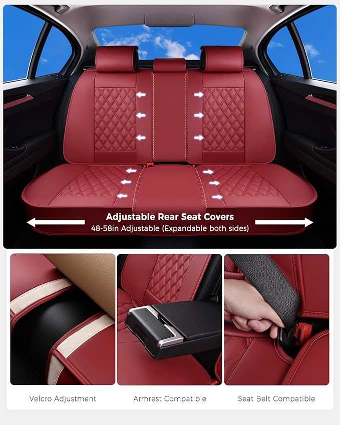 Huidasource Rear Car Seat Cover, Nappa Leather Rear Seat Cover Velcro Adjustable, Compatible with Armrests, Seat Belts, Child Safety Seats, Universal Fit for Most Cars SUVs Trucks (Back Row/Red)