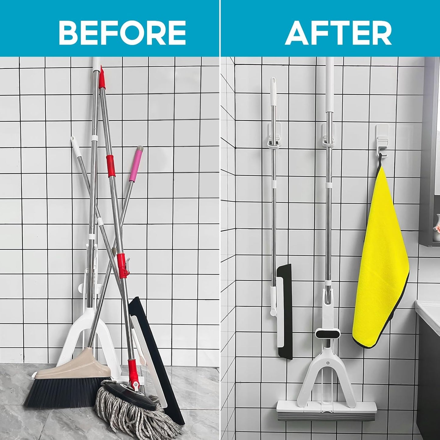 Broom Holder Wall Mount, 6 Pack Broom and Mop Organizer Wall Hanging Self Adhesive, No Drilling, Anti-Slip Broom and Mop Hanger Wall Mount Cleaning Ideal for Bathroom, Kitchen, Garden, Garage
