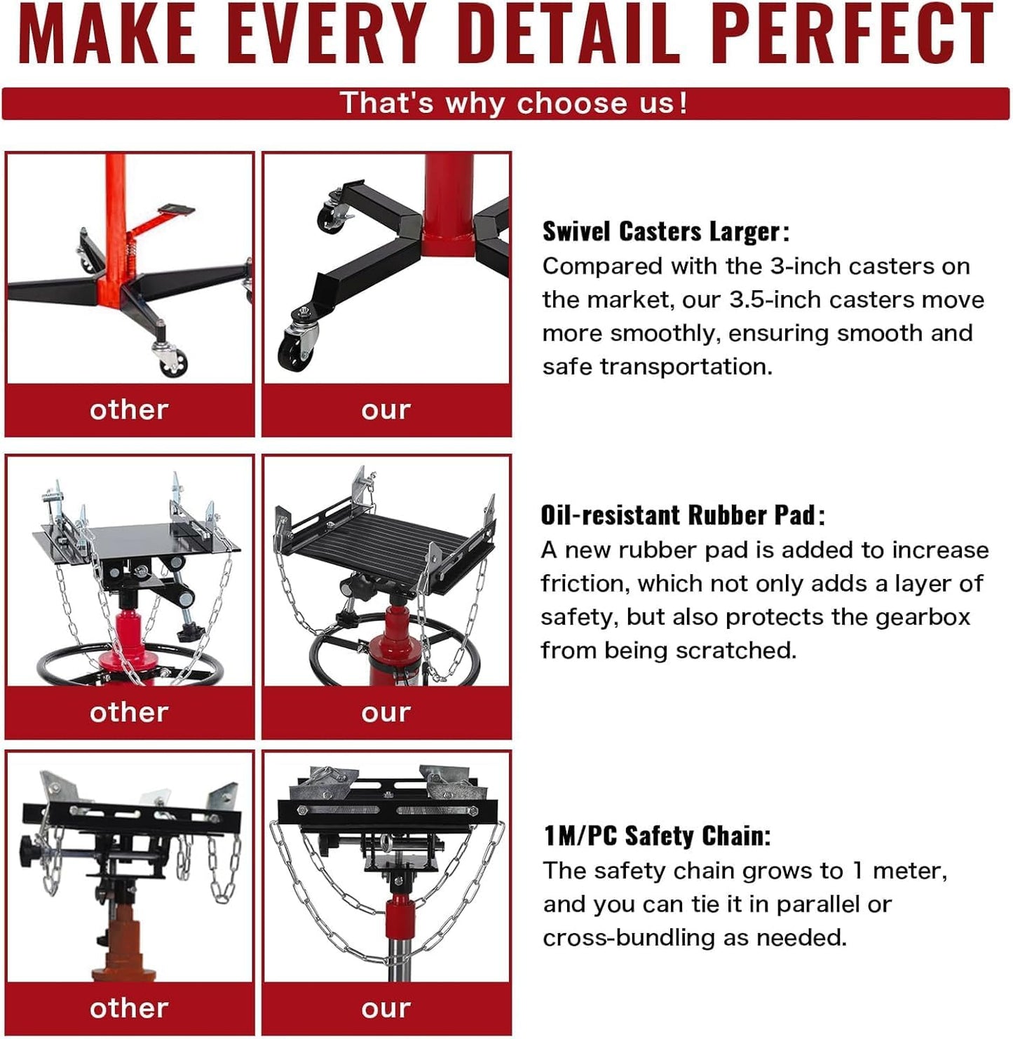 Transmission Jack 1100 LBS Hydraulic Telescoping 2-Stage Lift Jack Stand 33.8"-72.8" High Lift Transmission Jacks with Foot Pedal & 360° Swivel Wheels for for Garage/Workshop Car and Truck Repairs