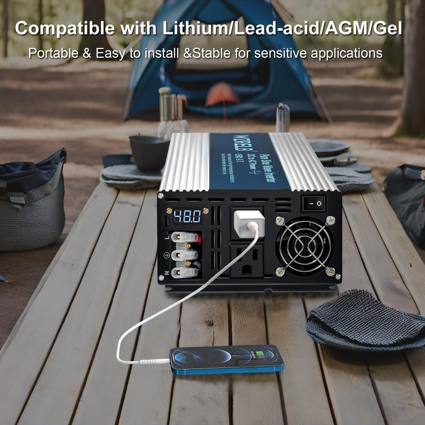 WZRELB 4000W Pure Sine Wave Inverter, Car Power Inverter 48V DC to 110V 120V AC Converter for RV, Truck, Solar, Outdoor with Dual AC Outlets, Hardwire Port, Surge 8000W, LED Display,Off-Grid