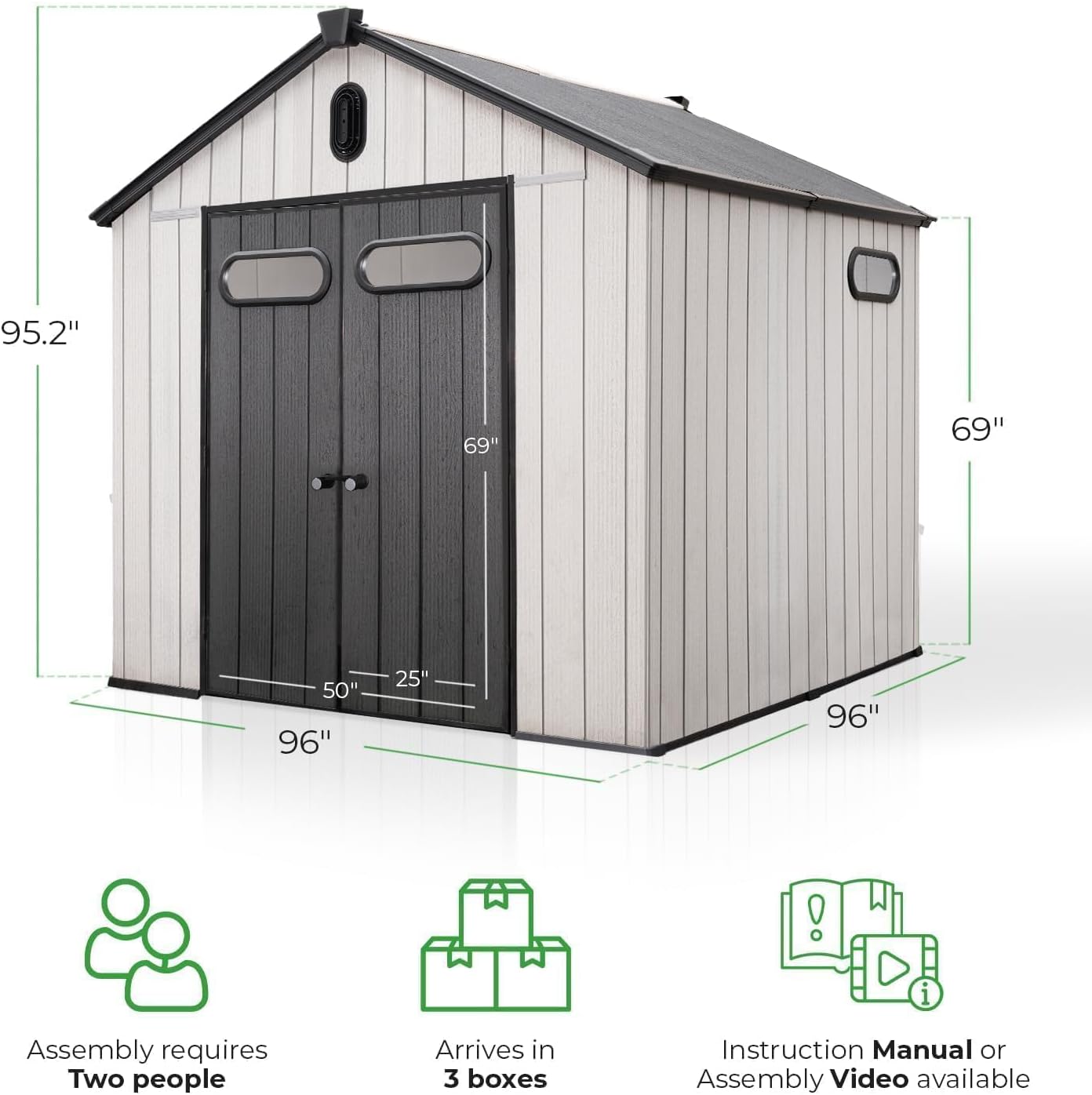 EconoHome 8x8 Ft Outdoor Storage Shed with Floor - Waterproof Shed with Lockable Door for Garden - Backyard, Tool Storage Use - Grey