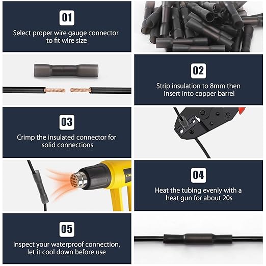 Heat Shrink Butt Connectors, 250Pcs 14-12 AWG Black Insulated Waterproof Electrical Wire Connectors Automotive Marine Grade Wire Crimp Terminals Butt Splices, Ideal for Boat, Truck, Stereo - Black