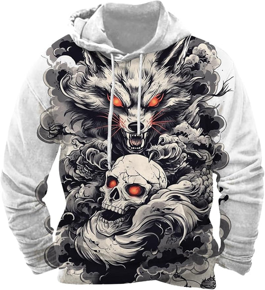 Mens Animal Print Graphic Hoodies Casual Long Sleeve Japanese Art Style Hooded Sweatshirt Lightweight Pullover Tops